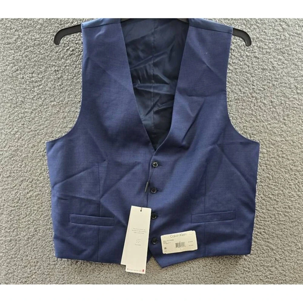 Calvin Klein Slim-Fit Wool Infinite Stretch Suit Vest Men's L Blue Button Front